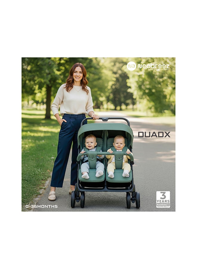 neobreez عربة أطفال مزدوجة DUADX للأشقاء/التوائم/الجانب بجانب، عربة أطفال مدمجة، قابلة للطي بيد واحدة، مظلة مقاومة للماء UPF 50+، 0-3 سنوات، 30 كجم، ضمان 3 سنوات - Image 2