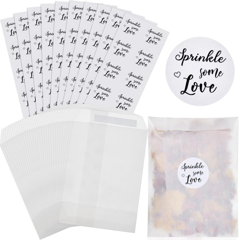 Tenare Tenare 100 Pcs Wedding Confetti Bags Set, Includes 100 Pcs 3.54 x 5.31 in Wedding Confetti Glassine Bags Paper Favor Bags Glassine Envelopes and 100 Wedding Confetti Stickers (White,Elegant Style)  - Image 1