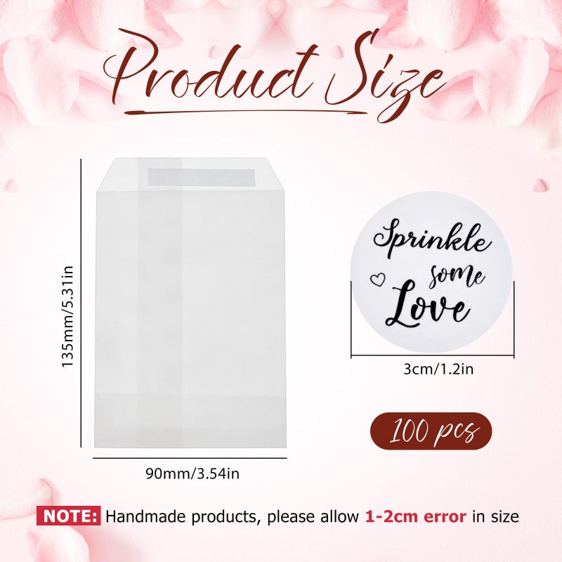 Tenare Tenare 100 Pcs Wedding Confetti Bags Set, Includes 100 Pcs 3.54 x 5.31 in Wedding Confetti Glassine Bags Paper Favor Bags Glassine Envelopes and 100 Wedding Confetti Stickers (White,Elegant Style)  - Image 2