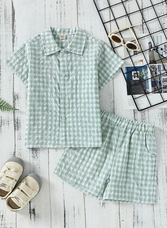 Take Two Boys Green Checked Short Sleeve Shirt and Shorts Set