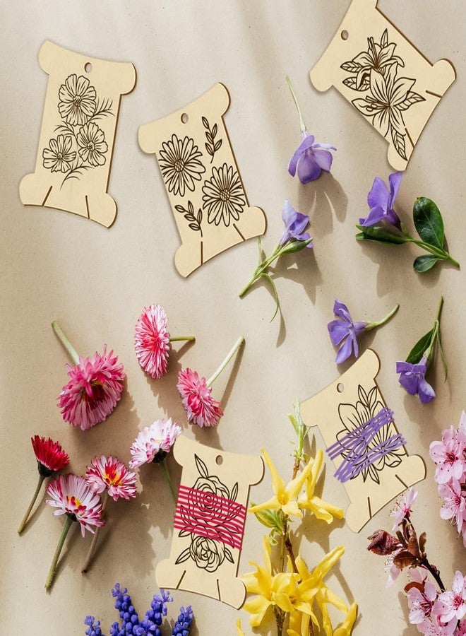 NBEADS 14 Pcs 14 Styles Wooden Thread Winding Boards,Thread Winding Plate Board with Flower Pattern Thread Bobbins Organizer Sewing Thread Winding Card for Embroidery Cross-Stitch Sewing Craft - Image 3