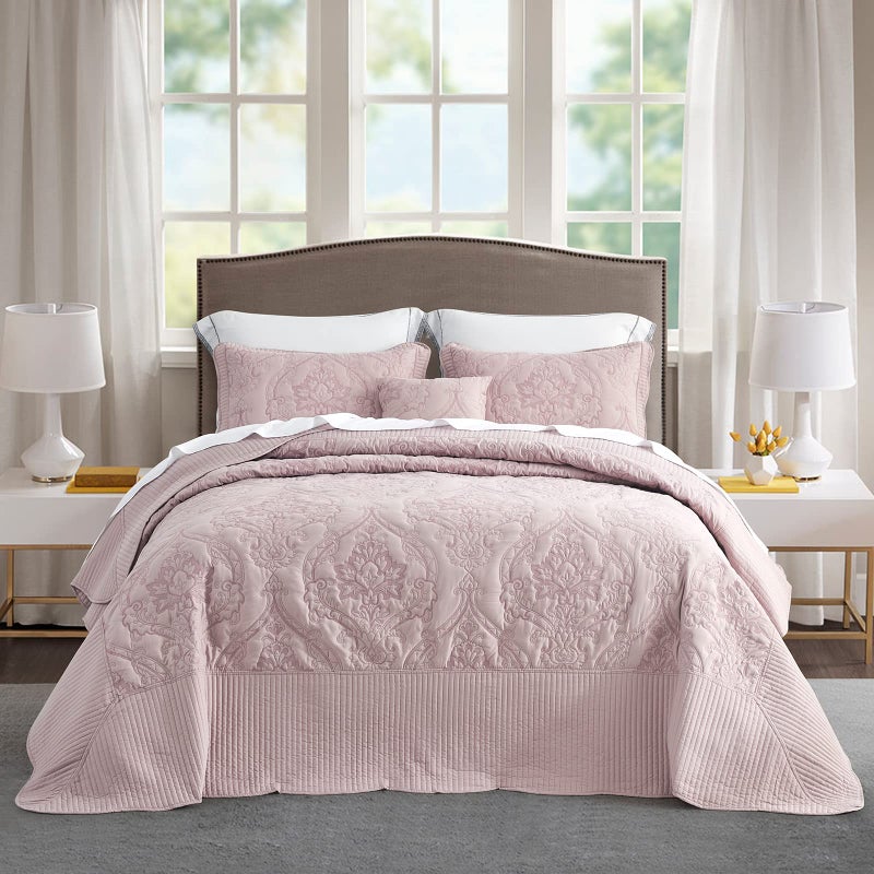 CHIXIN CHIXIN Oversized Bedspread Coverlet Set King Size  Lightweight Bedding Cover  Beautiful Stitching  4 Piece Reversible Bedspread  Gorgeous Damask Paisley Pattern King Pale Rose 