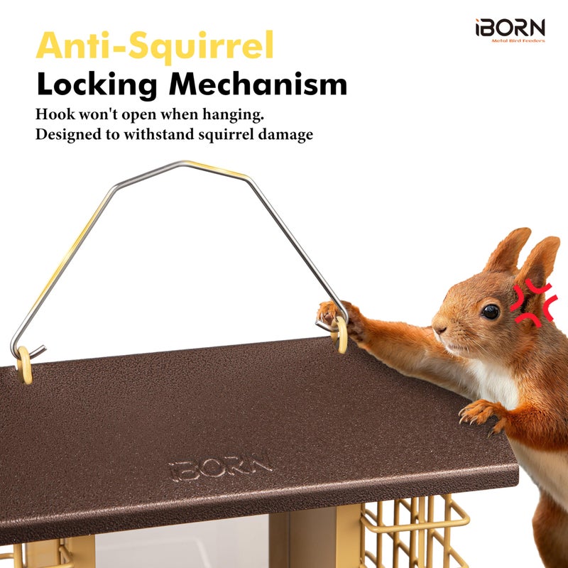 iBorn Bird Feeders for Outdoors,Bird Feeder with Double Suet Holders,Suet Feeder for Outside,Weatherproof Metal Roof,Easy to Refill&Clean,3.2 LBs Seed Capacity+2X Cake,1 Pack,Coffee Roof & Yellow Grid - Image 4