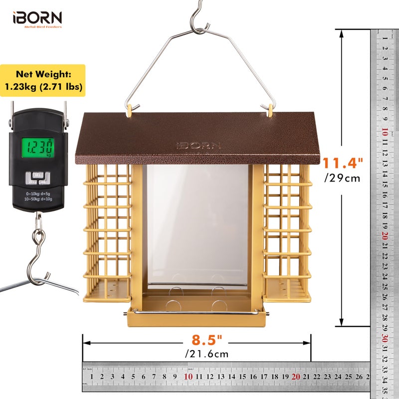 iBorn Bird Feeders for Outdoors,Bird Feeder with Double Suet Holders,Suet Feeder for Outside,Weatherproof Metal Roof,Easy to Refill&Clean,3.2 LBs Seed Capacity+2X Cake,1 Pack,Coffee Roof & Yellow Grid - Image 2