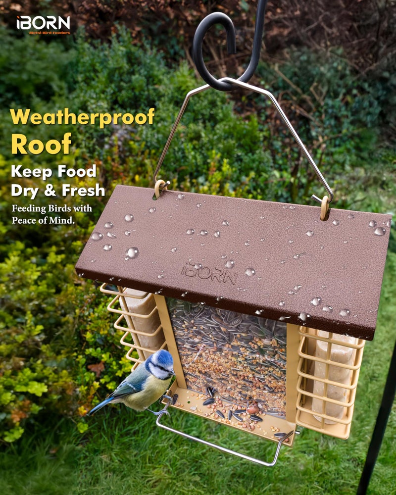 iBorn Bird Feeders for Outdoors,Bird Feeder with Double Suet Holders,Suet Feeder for Outside,Weatherproof Metal Roof,Easy to Refill&Clean,3.2 LBs Seed Capacity+2X Cake,1 Pack,Coffee Roof & Yellow Grid - Image 5