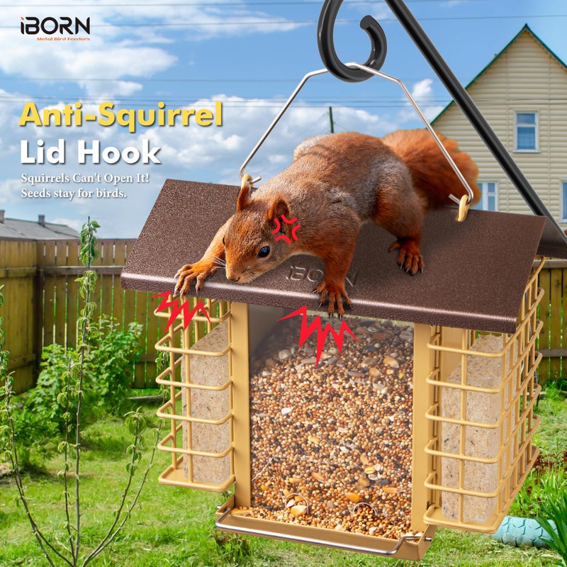 iBorn Bird Feeders for Outdoors,Bird Feeder with Double Suet Holders,Suet Feeder for Outside,Weatherproof Metal Roof,Easy to Refill&Clean,3.2 LBs Seed Capacity+2X Cake,1 Pack,Coffee Roof & Yellow Grid - Image 3