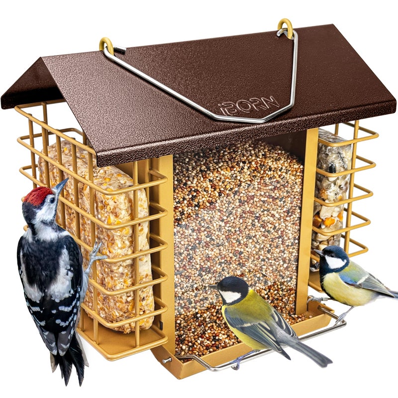 iBorn Bird Feeders for Outdoors,Bird Feeder with Double Suet Holders,Suet Feeder for Outside,Weatherproof Metal Roof,Easy to Refill&Clean,3.2 LBs Seed Capacity+2X Cake,1 Pack,Coffee Roof & Yellow Grid - Image 1