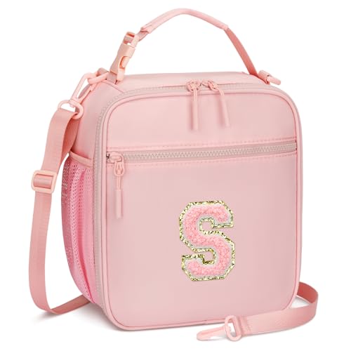 CLOUDWINGS Initial Insulated Lunch Bag for Girls Kids, Back to School Gift, Reusable Leak-proof Lunch Box with Adjustable Strap for School Daycare Travel Picnic (Pink,S) - Image 1