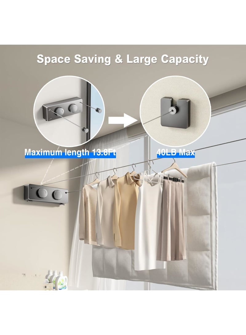 SYOSI Retractable Clothesline, Heavy Duty Indoor Outdoor Laundry Drying Line, Non-Sagging Twin Line with Wall Mount Stainless Steel Double Line, 13.8 ft, Gray - Image 2
