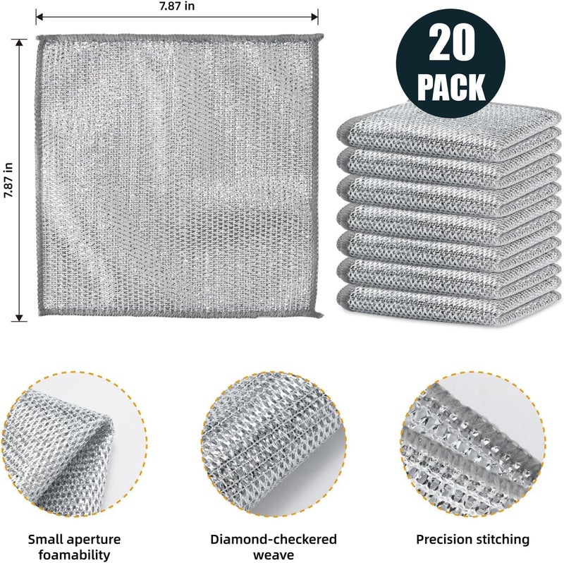 VOOY 20 Pack Non-Scratch Wire Dishcloth & 1 Gaps Cleaning Brush, Multipurpose Wire Dishwashing Rags for Wet and Dry, Easy Rinsing, Reusable, Wire Cleaning Cloth for Kitchen, Sinks, Pots (Silver, 20) - Image 2