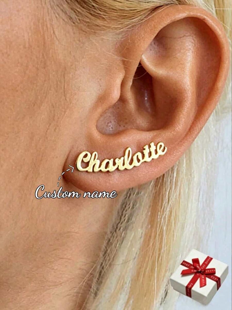 Shein Custom Name Earrings for Women - Stainless Steel Gold Cursive Letter Arc Earrings, Personalized Charm Jewelry Gift for  Wife - Image 1