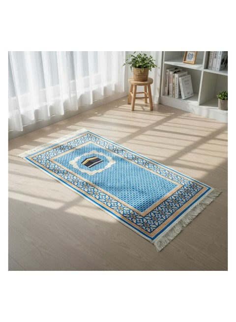 Prayer Mat for Kids & Teens 50×100cm Compact Adult Prayer Mat for Mosque & Travel Lightweight Narrow Janamaz with Anti-Slip Base & Soft Velvet Top Islamic Musalla Sajadah Blue/Beige