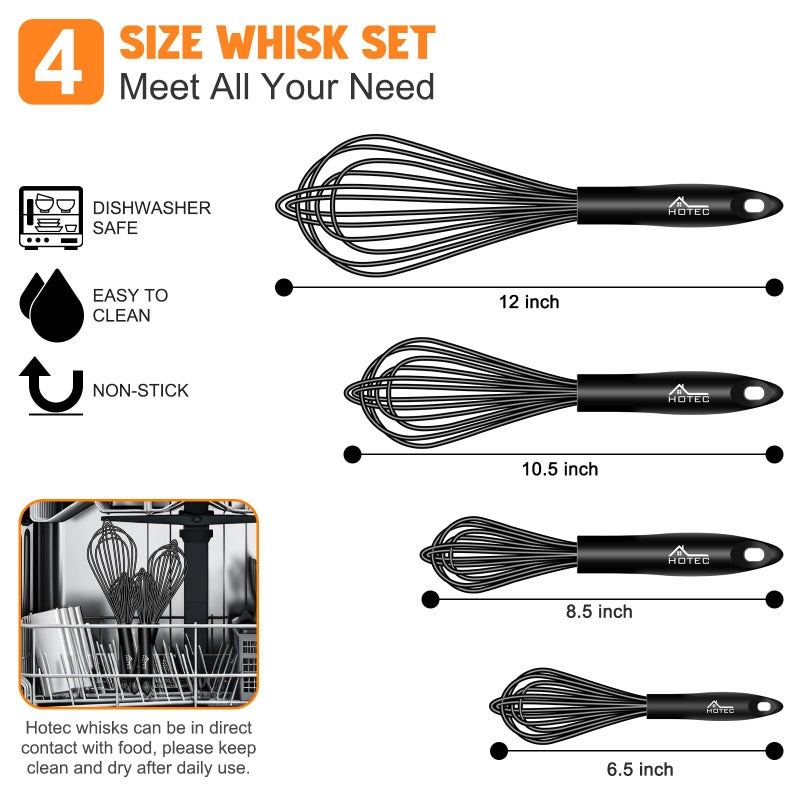 HOTEC 4 Pieces Silicone Whisks Set, Wire Balloon Whisks Egg Beater, Non-slip Handle Whisk for Non-stick Cookware Perfect for Cooking, Stirring, Beating and Blending (Multicolor) - Image 3
