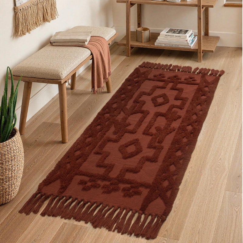 Uphome Boho Bathroom Runner Rug 2 x 43 Washable Woven Cotton Bedroom Runners Terracotta Aesthetic Tufted Entryway Runner Rugs Bohemian Tribal Throw Rug for Bedside Living Room Laundry Kitchen