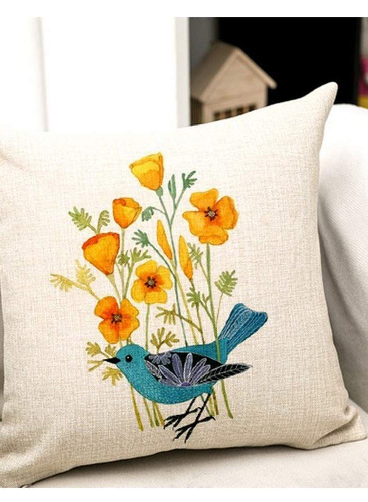 Set of 4 Floral Bird Cotton Linen Square Pillowcases with Invisible Zipper, 18 x 18 in/45 x 45 cm, Perfect for Sofa, Bedroom, Terrace, and Office Upholstery. - Image 2