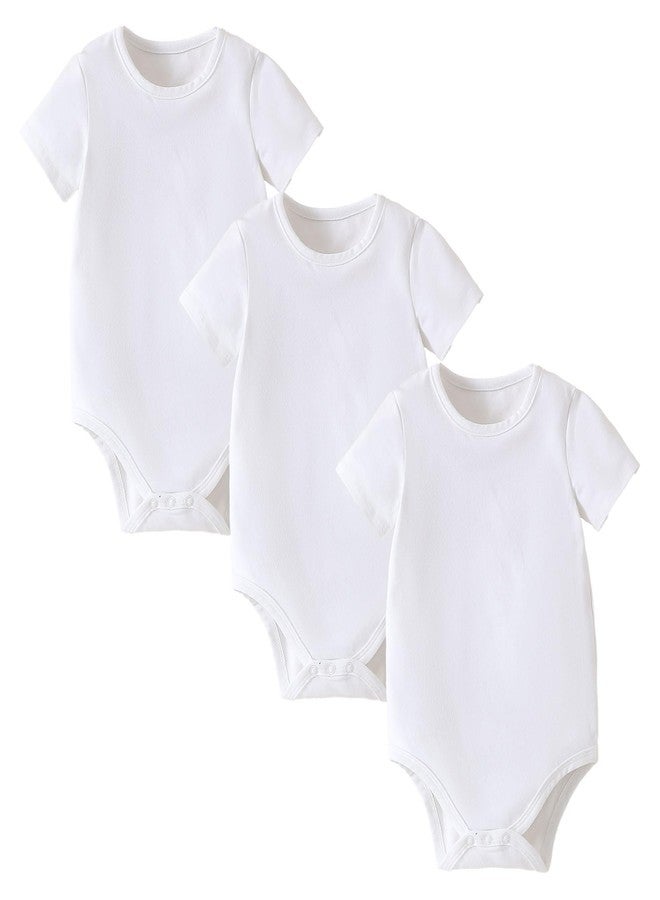 ROMPERINBOX Baby Girl Short Sleeve Onsies 12-18 Months, 3 Pack Multi Colors Baby Bodysuit, Knitted Solid, Crew Neck (White, 12-18M) - Image 1