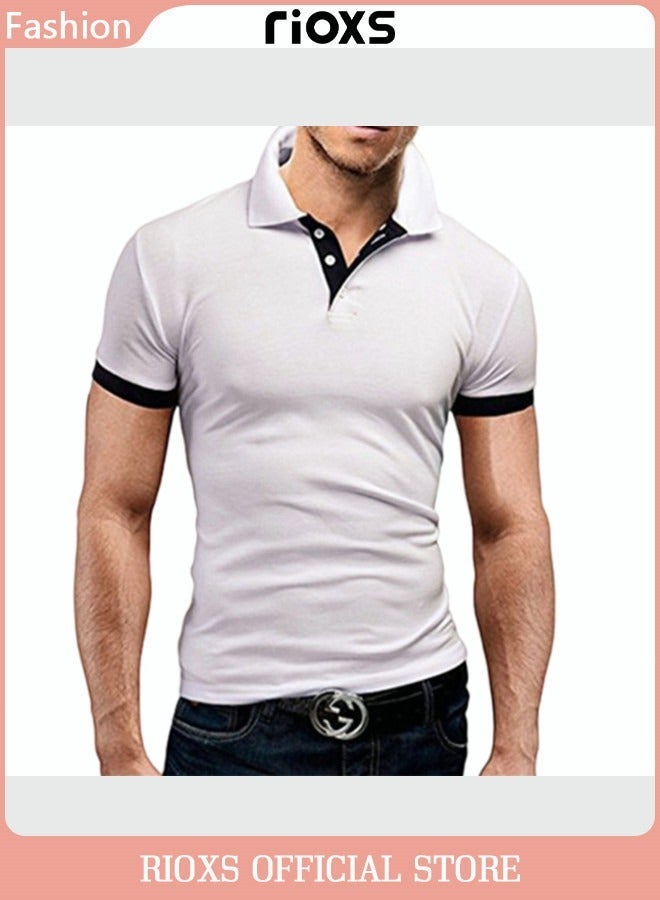 ريوكس قمصان بولو قصيرة الأكمام للرجال، قمصان جولف ضيقة بأزرار للرجال، قمصان كلاسيكية قطنية قابلة للتنفس وسريعة الجفاف ومقاومة للرطوبة، قمصان تنس بولينج صيفية مريحة بألوان أساسية موحدة للعمل والسفر والارتداء اليومي، أبيض - Image 3