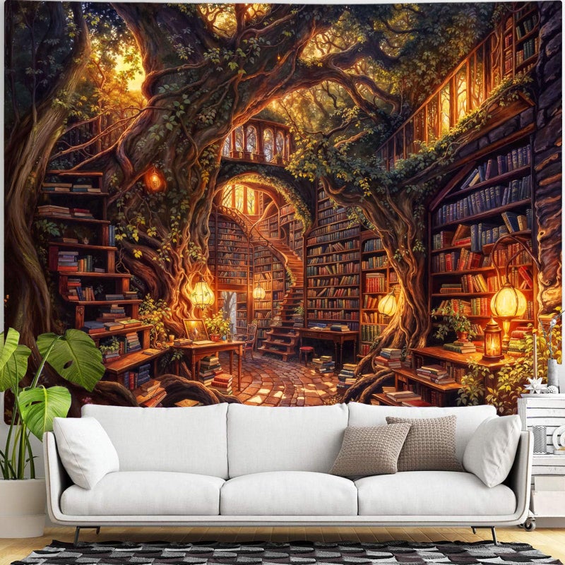 Accnicc Forest Library Tapestry Tree Bookshelf Tapestries Wall Hanging Vintage Fantasy Fairy Treehouse Book Extra Large Tapestry for Bedroom Living Room Dorm Classroom 90 x 68 inch - Image 2