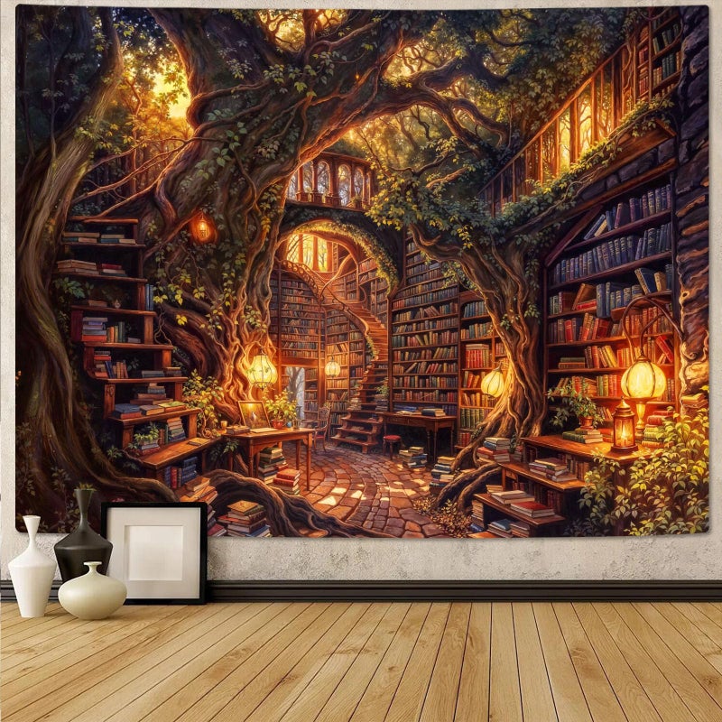 Accnicc Forest Library Tapestry Tree Bookshelf Tapestries Wall Hanging Vintage Fantasy Fairy Treehouse Book Extra Large Tapestry for Bedroom Living Room Dorm Classroom 90 x 68 inch - Image 3