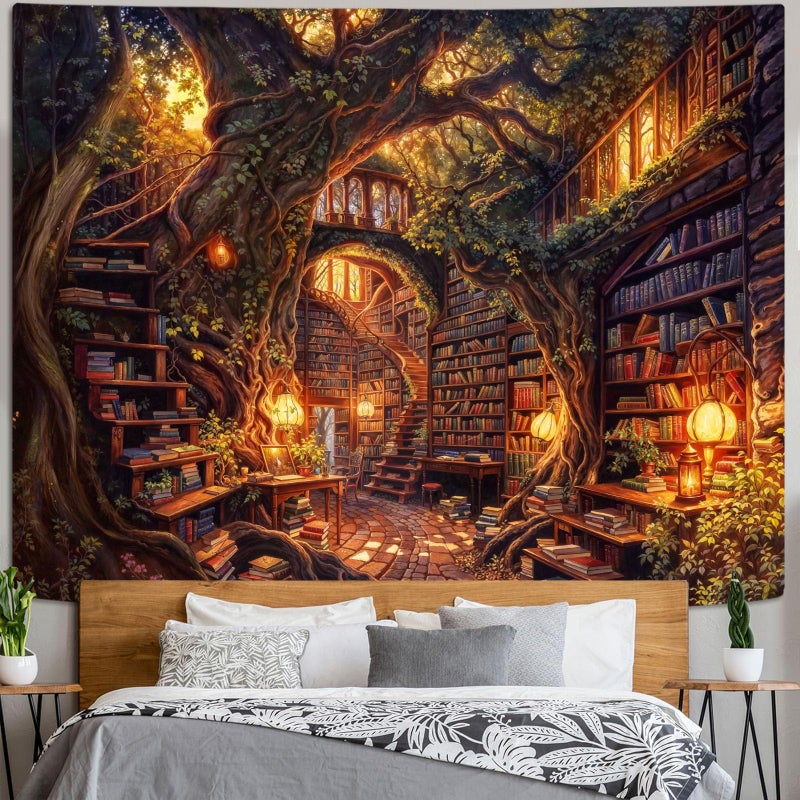 Accnicc Forest Library Tapestry Tree Bookshelf Tapestries Wall Hanging Vintage Fantasy Fairy Treehouse Book Extra Large Tapestry for Bedroom Living Room Dorm Classroom 90 x 68 inch - Image 5
