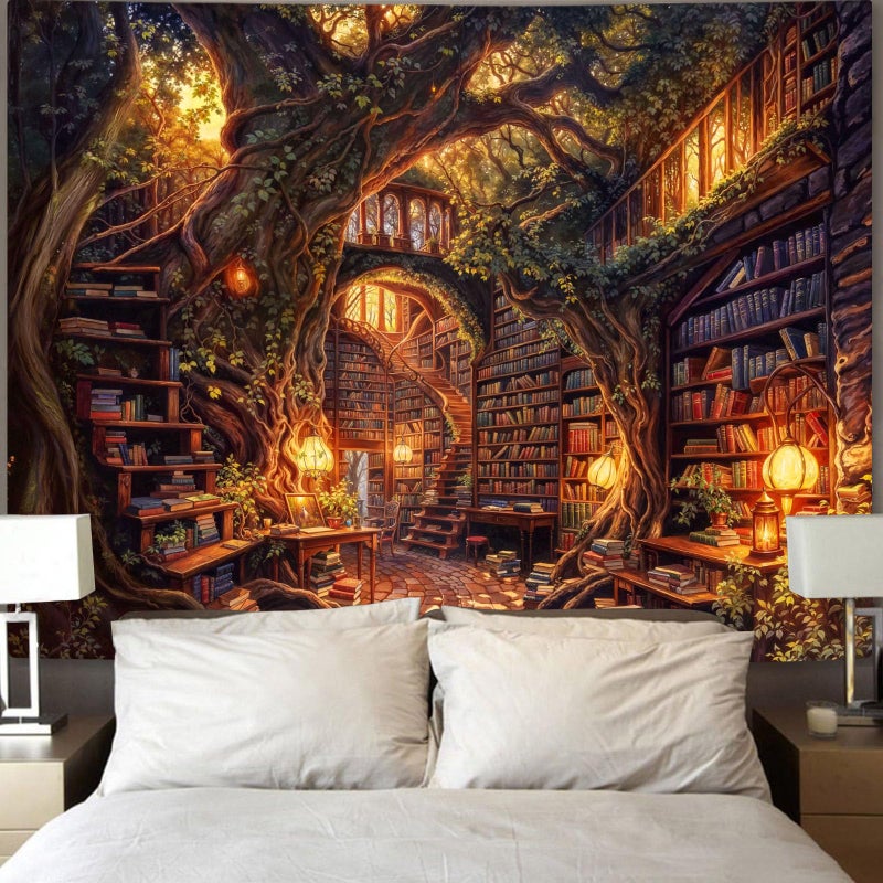 Accnicc Forest Library Tapestry Tree Bookshelf Tapestries Wall Hanging Vintage Fantasy Fairy Treehouse Book Extra Large Tapestry for Bedroom Living Room Dorm Classroom 90 x 68 inch - Image 4