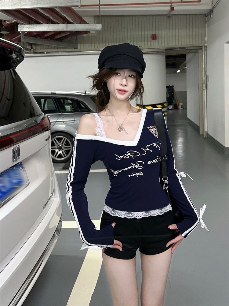 Bow Lace Stitching Long-Sleeved T-Shirt Women'S Autumn New Spice Girl Design Sense Slim-Fit Slimming Printed Top Ins - Image 3