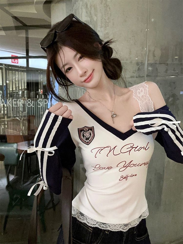 Bow Lace Stitching Long-Sleeved T-Shirt Women'S Autumn New Spice Girl Design Sense Slim-Fit Slimming Printed Top Ins - Image 4