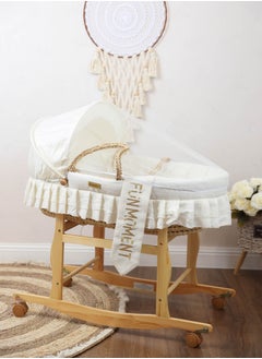 FUN MOMENT Baby cradle Moses basket for babies with mosquito net with wooden holder with wheels  - Image 1