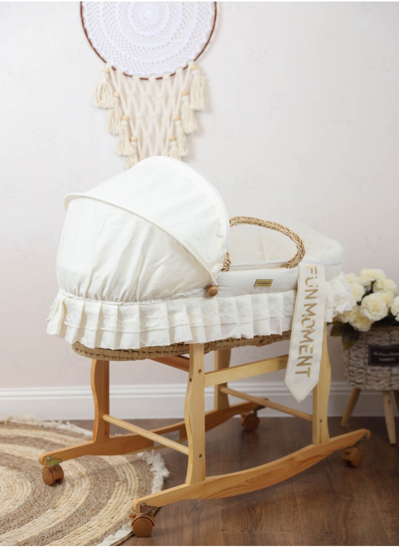 FUN MOMENT - Baby cradle Moses basket for babies with mosquito net with wooden holder with wheels - Image 1