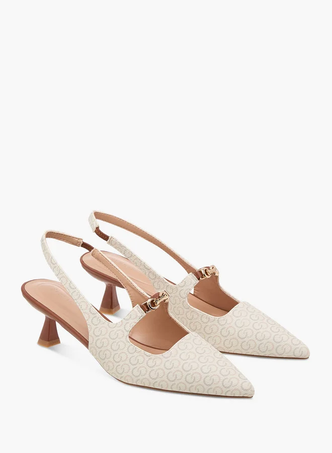 Celeste Women's Monogram Print Slingback Shoes with Kitten Heels