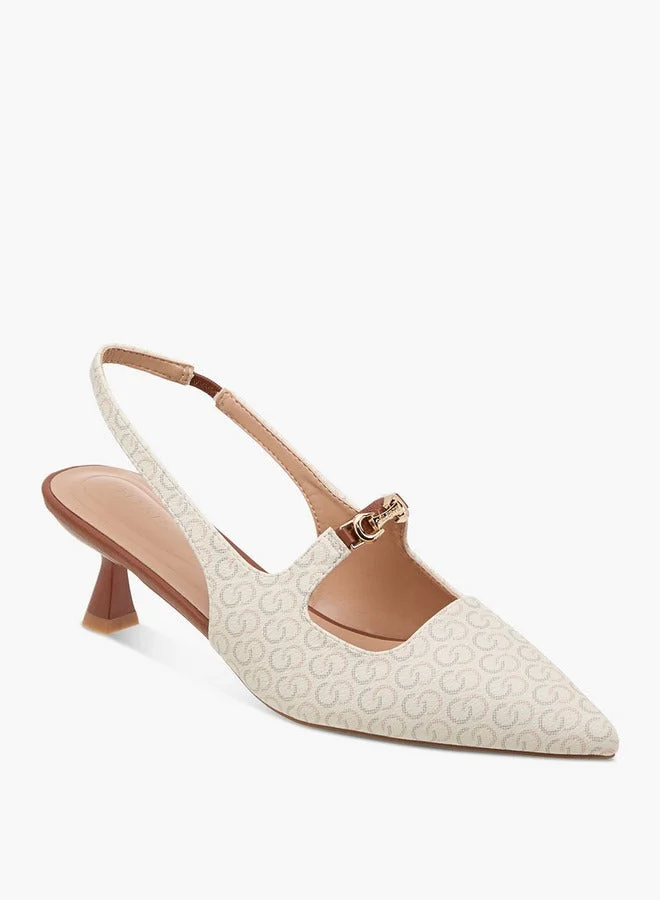 Celeste Women's Monogram Print Slingback Shoes with Kitten Heels