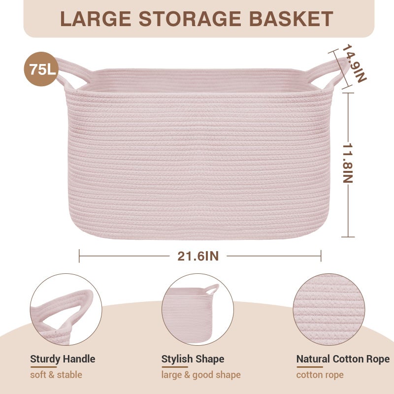 YOUDENOVA Nursery Storage Basketï¼Œ21.6''Ã—14.9''Ã—11.8'' Rectangle Cotton Rope Blanket Basket, Nursery Laundry Hamper for Organizingï¼ŒToy Basket for Living Room, Bedroom Pink - Image 2