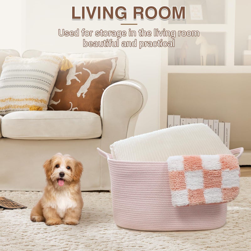 YOUDENOVA Nursery Storage Basketï¼Œ21.6''Ã—14.9''Ã—11.8'' Rectangle Cotton Rope Blanket Basket, Nursery Laundry Hamper for Organizingï¼ŒToy Basket for Living Room, Bedroom Pink - Image 3