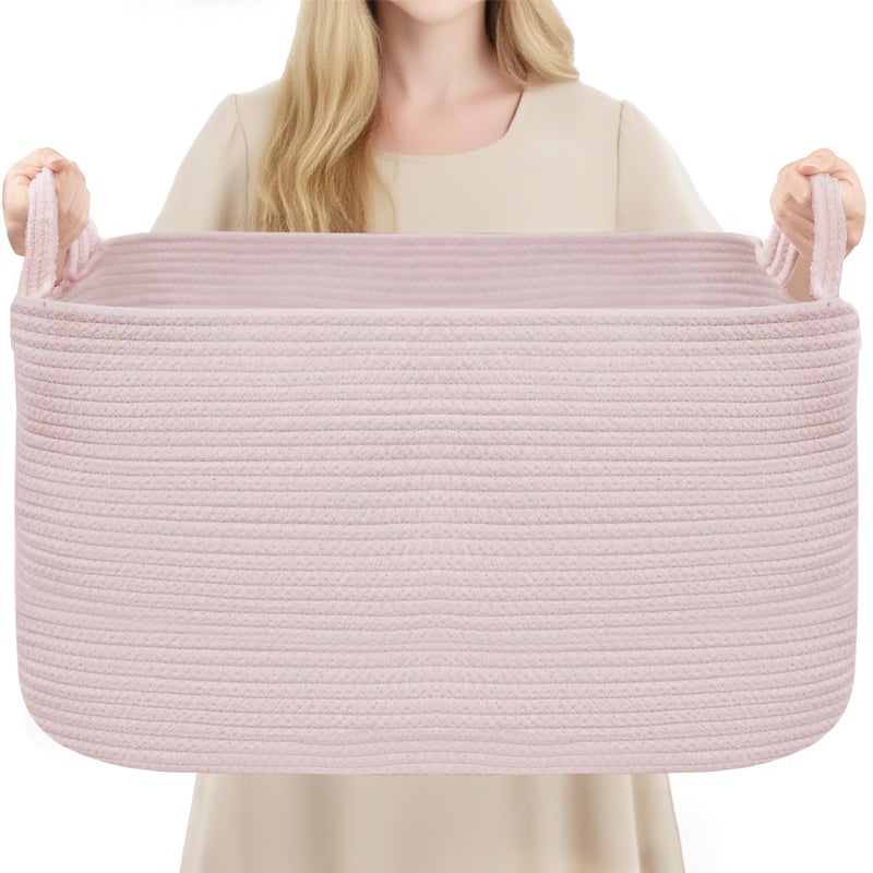 YOUDENOVA Nursery Storage Basketï¼Œ21.6''Ã—14.9''Ã—11.8'' Rectangle Cotton Rope Blanket Basket, Nursery Laundry Hamper for Organizingï¼ŒToy Basket for Living Room, Bedroom Pink - Image 1
