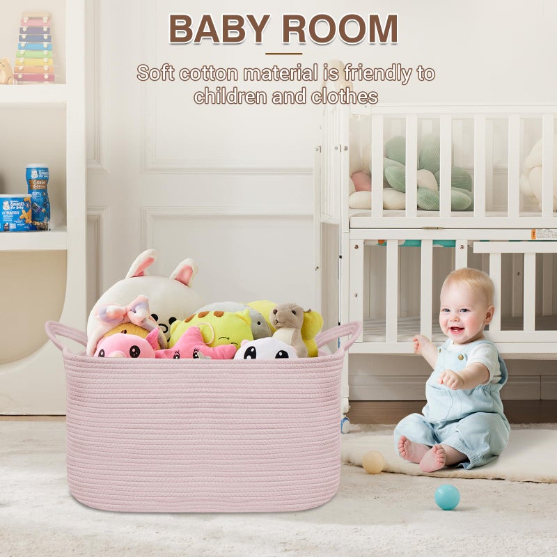 YOUDENOVA Nursery Storage Basketï¼Œ21.6''Ã—14.9''Ã—11.8'' Rectangle Cotton Rope Blanket Basket, Nursery Laundry Hamper for Organizingï¼ŒToy Basket for Living Room, Bedroom Pink - Image 4