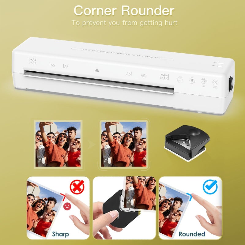 All New Upgraded A4 Photo Document Laminator With Round Corner Cutter Gift Set Including A4 A5 Laminating Films 5 Sheets Each And A6 Film 10 Sheets Fast Preheating Stable Operation Office Home Use White UL - Image 3