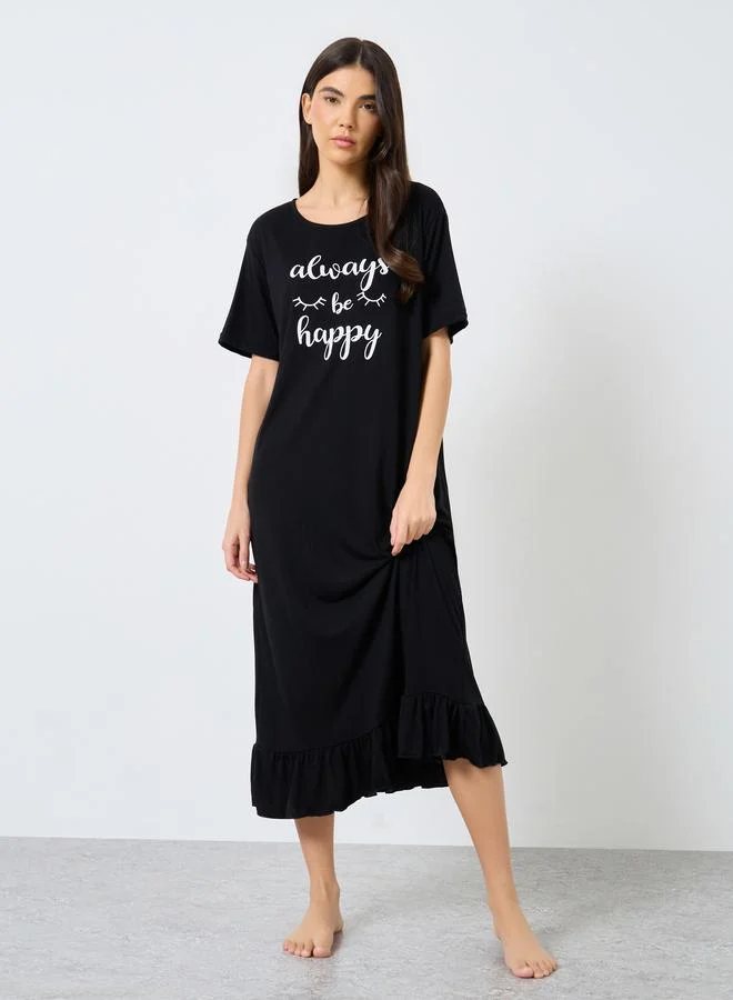 Take Two Take Two Slogan Print Ruffle Hem Sleep T-Shirt Dress