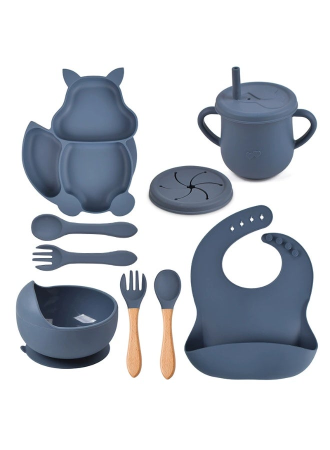 8 Pcs Baby Feeding Set, Food-grade Silicone Baby Tableware Set, Squirrel Baby Cutlery and Plates Set, Non-Slip Infant Dinnerware Set, Baby Self Feeding Utensils