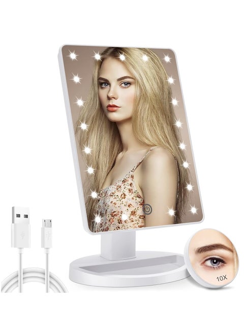 Lighted Makeup Vanity Mirror with 10X Magnifying Mirror,22 LED Lighted Mirror with Touch Sensor Dimming,180°Adjustable Rotation,Dual Power Supply,Portable Cosmetic Mirror (White)