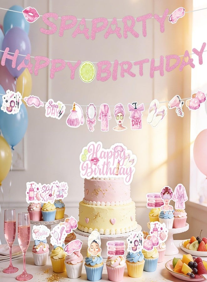 EoBeCy Spa Birthday Party Decorations, 28 Pcs Spa Banner, 1 Cake Toppers & 24 Cupcake Picks for Girls' Pampering Theme Celebration, Sleepover Party Supplies - Image 4