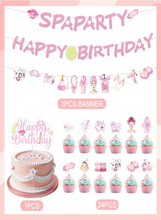 EoBeCy Spa Birthday Party Decorations, 28 Pcs Spa Banner, 1 Cake Toppers & 24 Cupcake Picks for Girls' Pampering Theme Celebration, Sleepover Party Supplies - Image 3