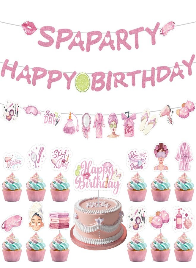 EoBeCy Spa Birthday Party Decorations, 28 Pcs Spa Banner, 1 Cake Toppers & 24 Cupcake Picks for Girls' Pampering Theme Celebration, Sleepover Party Supplies - Image 1