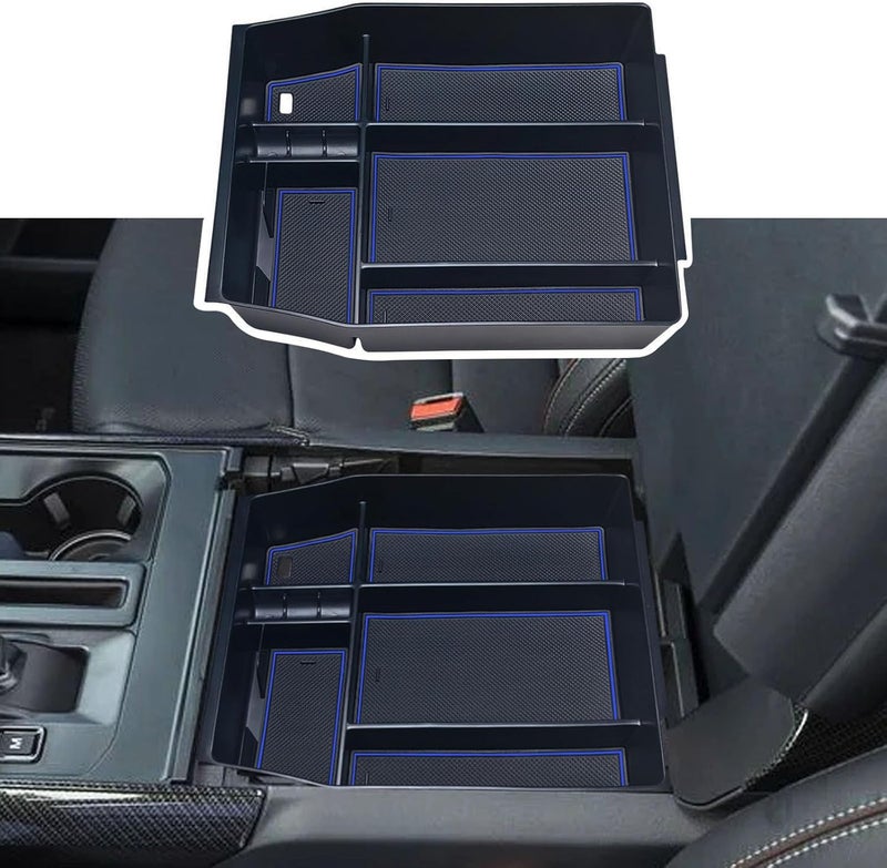 Zxiaochun Center Console Organizer Compatible with 2021 2022 2023 2024 Ford F150 Interior Accessories, Armrest Box Insert Storage Tray (Full Console w/Bucket Seats ONLY)-Blue Trim Wide range expanded design - Image 1