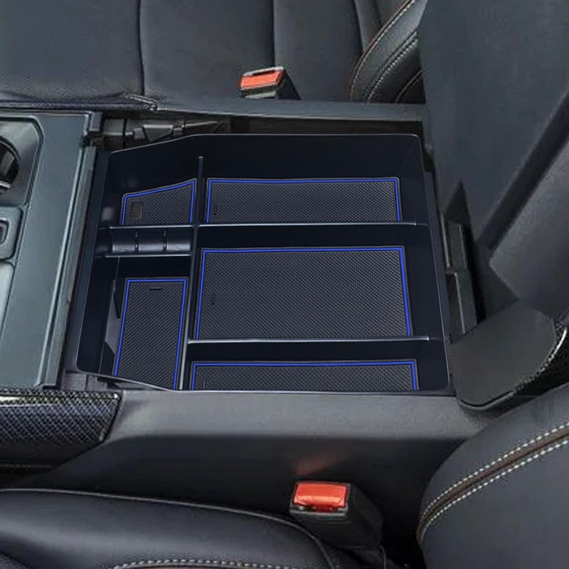 Zxiaochun Center Console Organizer Compatible with 2021 2022 2023 2024 Ford F150 Interior Accessories, Armrest Box Insert Storage Tray (Full Console w/Bucket Seats ONLY)-Blue Trim Wide range expanded design - Image 4