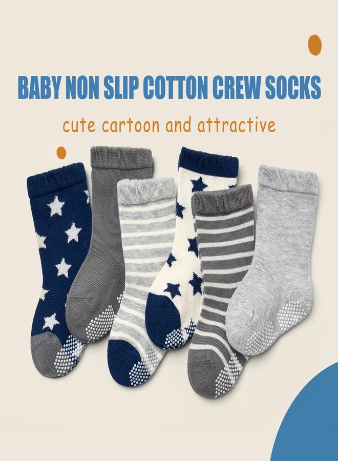 Mardonskey Toddler Cotton Crew Socks Baby Non Slip Grip Socks for Boys Girls 6 Pack Cute Stars Stripes 2T-4T - Image 3