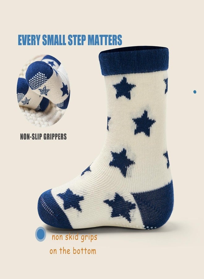 Mardonskey Toddler Cotton Crew Socks Baby Non Slip Grip Socks for Boys Girls 6 Pack Cute Stars Stripes 2T-4T - Image 5