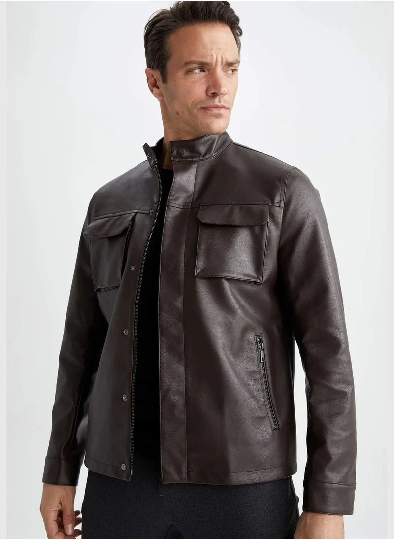 ديفاكتو Man Stand Up Collar PU Jacket