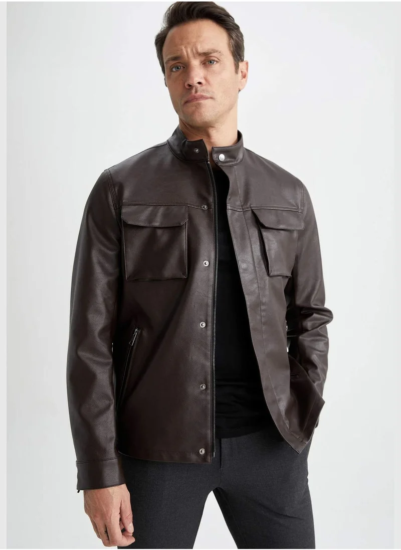 ديفاكتو Man Stand Up Collar PU Jacket