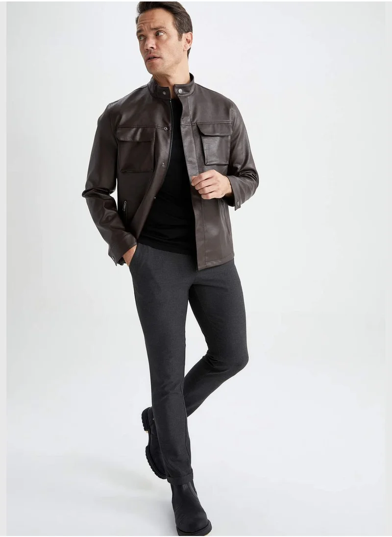 ديفاكتو Man Stand Up Collar PU Jacket