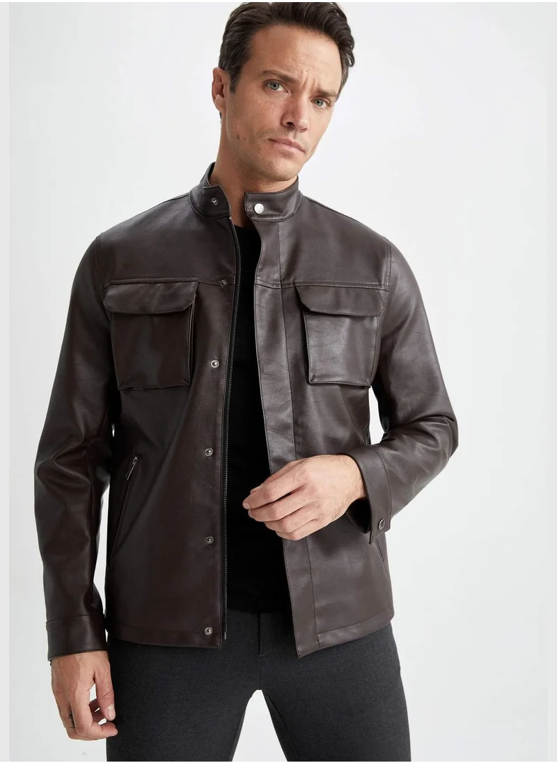 ديفاكتو Man Stand Up Collar PU Jacket